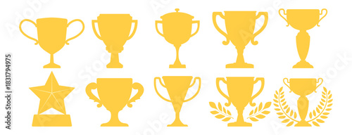 Trophy award collection, gold winner cups, champion celebration symbols, sport achievement icons, prize ceremony badges, premium victory design set on transparent background