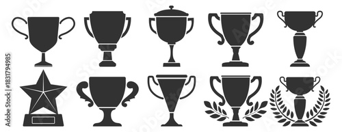 Trophy award collection, gold winner cups, champion celebration symbols, sport achievement icons, prize ceremony badges, premium victory design set on transparent background