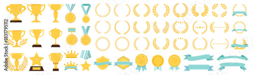 Trophy award medal collection, gold winner icons with laurels, champion badges, premium crowns and shields, decorative ribbons and banners, classic victory design set illustration