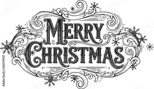 Elegant Merry Christmas vector typography design with intricate vintage scrollwork, snowflakes, and decorative flourishes, perfect for holiday greeting cards, seasonal banners, and festive winter.