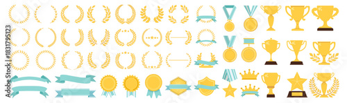 Award trophies, medals, laurel wreaths, crowns, stars, prize ribbons and achievement symbols, premium golden celebration elements, victory and winner icons on transparent background