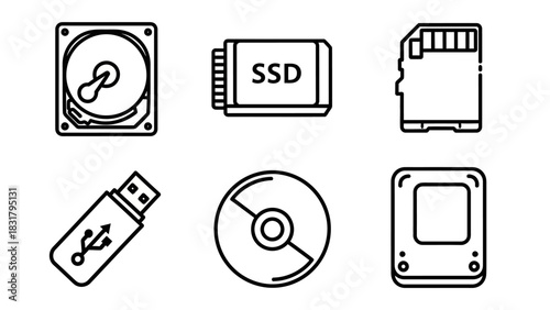 Storage Medium Icons HDD, SSD, Memory Card, USB Drive, CD, and Case