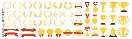 Award trophies, medals, laurel wreaths, crowns, stars, prize ribbons and achievement symbols, premium golden celebration elements, victory and winner icons on transparent background