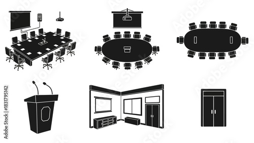 Set of Black and White Conference Room and Presentation Equipment Icons for Design and Infographics