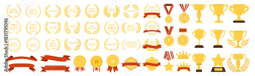 Trophy award medal collection, gold winner icons with laurels, champion badges, premium crowns and shields, decorative ribbons and banners, classic victory design set illustration