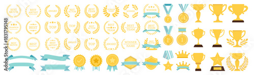 Award trophies, medals, laurel wreaths, crowns, stars, prize ribbons and achievement symbols, premium golden celebration elements, victory and winner icons on transparent background
