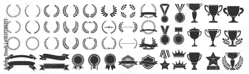 Trophy award medal collection, gold winner icons with laurels, champion badges, premium crowns and shields, decorative ribbons and banners, classic victory design set illustration