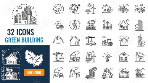 Comprehensive collection of modern green building and sustainable development line icons, illustrating eco-friendly architecture, renewable energy solutions, and environmental protection concepts
