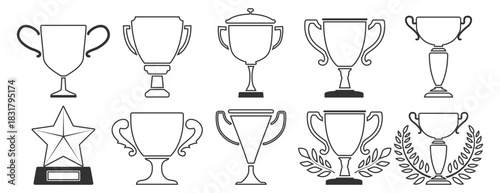 Trophy award collection, gold winner cups, champion celebration symbols, sport achievement icons, prize ceremony badges, premium victory design set on transparent background