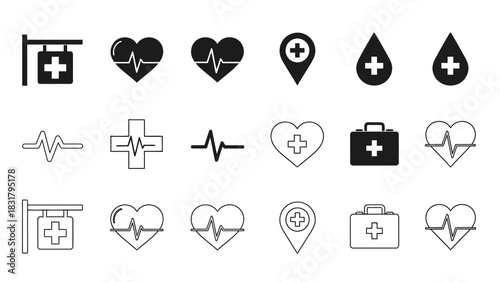 Healthcare and Medical Icons A Collection of Heart, Cross, and First Aid Symbols for Design