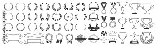 Award trophies, medals, laurel wreaths, crowns, stars, prize ribbons and achievement symbols, premium golden celebration elements, victory and winner icons on transparent background