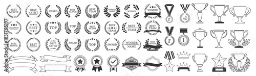 Trophy award medal collection, gold winner icons with laurels, champion badges, premium crowns and shields, decorative ribbons and banners, classic victory design set illustration