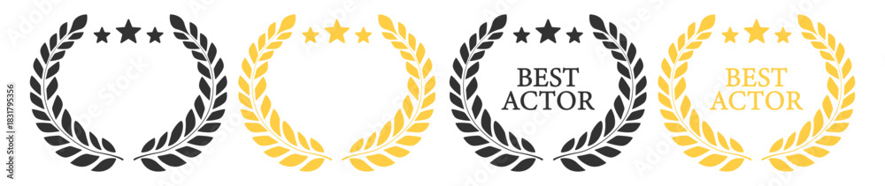Fototapeta premium Laurel wreath award emblem, best actor cinema selection with stars, classic victory symbol for film festival design illustration on transparent background