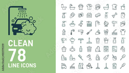 Cleaning and hygiene thin line icon set. A comprehensive collection of vector symbols for housekeeping, laundry, and personal care