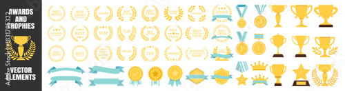 Trophy award medal collection, gold winner icons with laurels, champion badges, premium crowns and shields, decorative ribbons and banners, classic victory design set