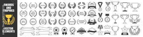 Award trophies, medals, laurel wreaths, crowns, stars, prize ribbons and achievement symbols, premium golden celebration elements, victory and winner icons on transparent background