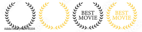 Laurel wreath award design, best movie festival emblem with classic victory leaves, premium cinema selection symbol set illustration on transparent background