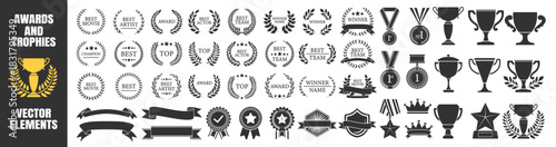 Trophy award medal collection, gold winner icons with laurels, champion badges, premium crowns and shields, decorative ribbons and banners