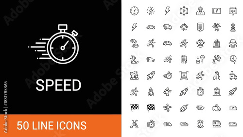 Speed and velocity themed thin line icon set. A collection of fast motion, transport, and performance symbols for user interface design