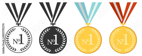Medal award collection, gold winner symbols with laurels and star badges, champion victory prize set, classic sport achievement design illustration on transparent background