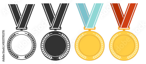 Medal award collection, winner champion icons, victory star badges, sport achievement symbols, prize ribbon wreath set, classic honor design illustration on transparent background