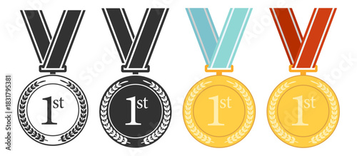 Medal award collection, gold winner symbols with laurels and star badges, champion victory prize set, classic sport achievement design illustration on transparent background