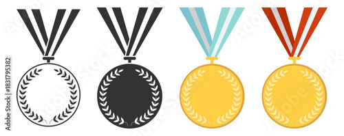 Medal award collection, winner champion icons, victory star badges, sport achievement symbols, prize ribbon wreath set, classic honor design illustration on transparent background