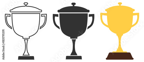 Trophy award cup collection, gold winner symbols with stars and laurels, champion victory prize set, classic competition emblem design illustration on transparent background