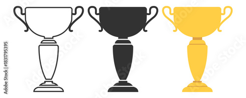Trophy award cup collection, gold winner symbols with stars and laurels, champion victory prize set, classic competition emblem design illustration on transparent background