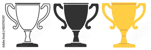 Trophy award collection, gold winner cups, champion celebration symbols, sport achievement icons, prize ceremony badges, premium victory design set on transparent background