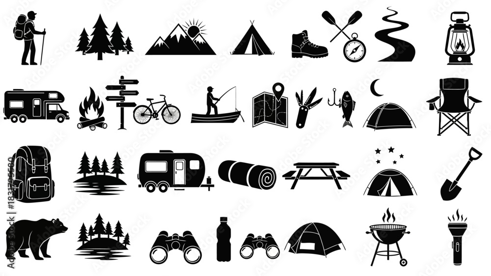 Fototapeta premium Set of black silhouette icons for camping, hiking, and outdoor adventure, a comprehensive vector collection for nature and travel themes