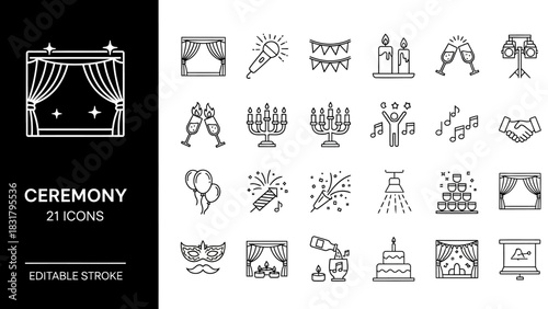 A versatile collection of elegant line art icons capturing the essence of celebrations, ceremonies, and festive events, ideal for digital design projects and event planning graphics