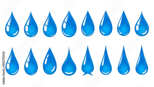 Collection of vibrant blue water droplets, sparkling and isolated on a pristine white background, symbolizing purity, freshness, hydration, 