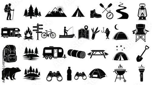 Set of black silhouette icons for camping, hiking, and outdoor adventure, a comprehensive vector collection for nature and travel themes