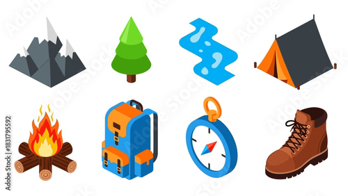 Set of Outdoor Adventure Icons Camping, Hiking, and Nature