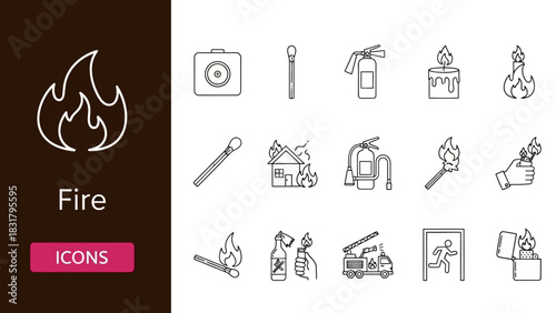 A collection of thin line icons representing fire, safety equipment, and emergency concepts, including flames, matches, and extinguishers