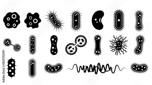 A vector icon sheet of various microorganisms, including different types of bacteria, viruses, and pathogen cells for science