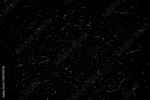 Snow flakes falling isolated. White snowflakes on black background. Snow pattern texture. Snowstorm backdrop. Snowfall overlay background. Winter ice effect. Vector illustration, EPS 10.