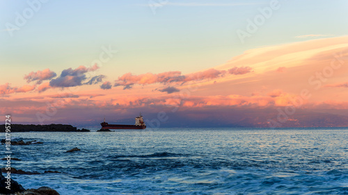 oil tanker of russia shadow fleet used for transportation oil in blue sea. Transport for petroleum products, gas and oil under sanctions