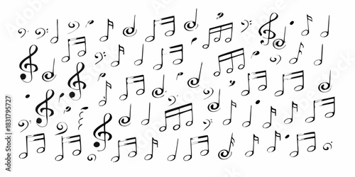Hand drawn music notes and symbols on white background