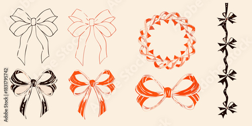 Hand drawn bows and ribbon wreath illustration set