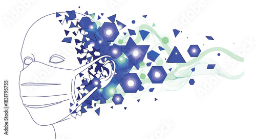 Abstract representation of a person wearing a face mask with geometric shapes and light effects emanating from their head, Generative AI.