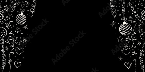Elegant black background with white hand drawn holiday decorations and copy space