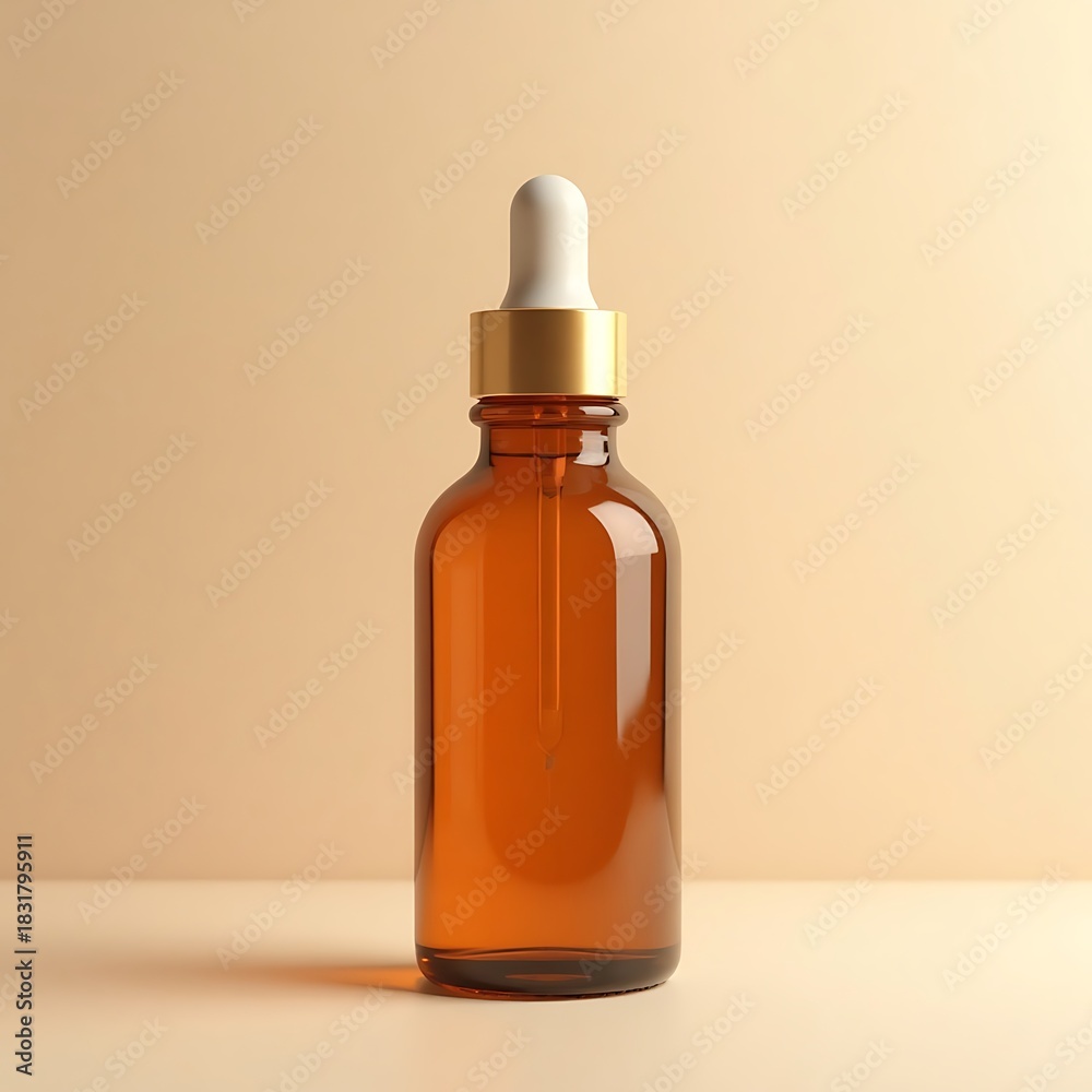 Fototapeta premium Amber Glass Bottle with Dropper in Soft Natural Light on Beige Background