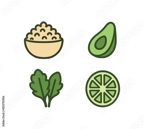 4 minimal icons quinoa bowl colored beige avocado slice colored green greens colored green lime slice colored light green