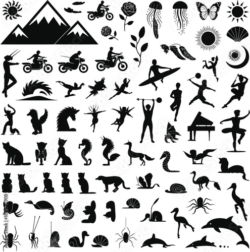 Set of vector icons and black silhouettes of people and animals performing fitness sports gymnastics dance and exercise with a dog and cat