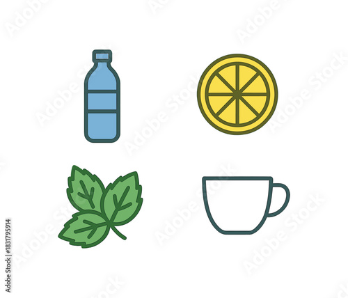 4 minimal icons water bottle colored blue lemon slice colored mint leaves colored green cup colored white