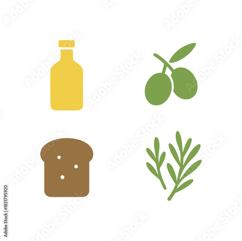 4 minimal icons olive oil bottle colored olives colored green bread slice colored brown herbs colored green