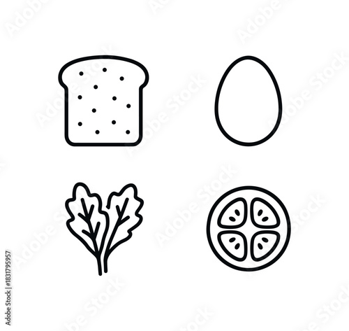 4 minimal icons whole grain bread black outline egg black outline greens black outline tomato slice black outline