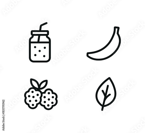 4 minimal icons smoothie jar black outline banana black outline berries black outline leaf icon black outline
